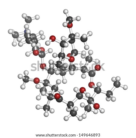 Clarithromycin antibiotic drug (macrolide class), chemical structure. Atoms are represented as spheres with conventional color coding: hydrogen (white), carbon (grey), nitrogen (blue), oxygen (red).