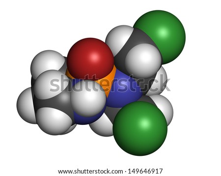Cyclophosphamide cancer chemotherapy drug, chemical structure. Belongs to nitrogen mustard alkylating agents class of cancer drugs. Atoms are represented as spheres with conventional color coding.