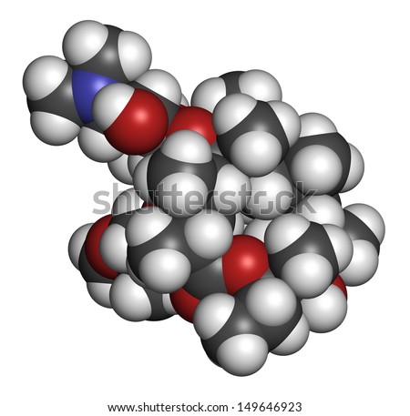 Clarithromycin antibiotic drug (macrolide class), chemical structure. Atoms are represented as spheres with conventional color coding: hydrogen (white), carbon (grey), nitrogen (blue), oxygen (red).