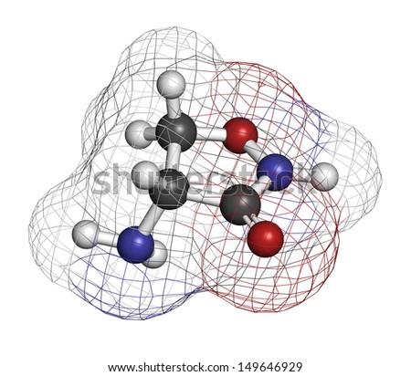 Cycloserine (D-cycloserine) tuberculosis drug, chemical structure. Atoms are represented as spheres with conventional color coding: hydrogen (white), carbon (grey), nitrogen (blue), oxygen (red).