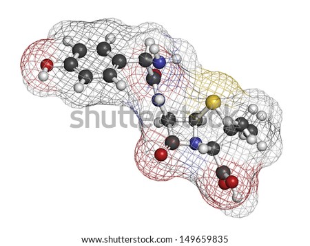 Amoxicillin beta-lactam antibiotic drug, chemical structure. Atoms are represented as spheres with conventional color coding: hydrogen (white), carbon (grey), nitrogen (blue), oxygen (red), etc