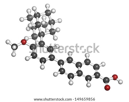 Adapalene acne treatment drug, chemical structure. Atoms are represented as spheres with conventional color coding: hydrogen (white), carbon (grey), oxygen (red).