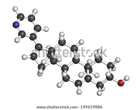 Abiraterone prostate cancer drug, chemical structure. Atoms are represented as spheres with conventional color coding: hydrogen (white), carbon (grey), nitrogen (blue), oxygen (red).