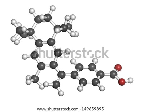 Bexarotene cancer drug, chemical structure. Atoms are represented as spheres with conventional color coding: hydrogen (white), carbon (grey), oxygen (red).
