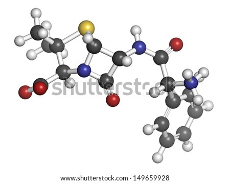 Ampicillin beta-lactam antibiotic drug, chemical structure. Atoms are represented as spheres with conventional color coding: hydrogen (white), carbon (grey), nitrogen (blue), oxygen (red), etc