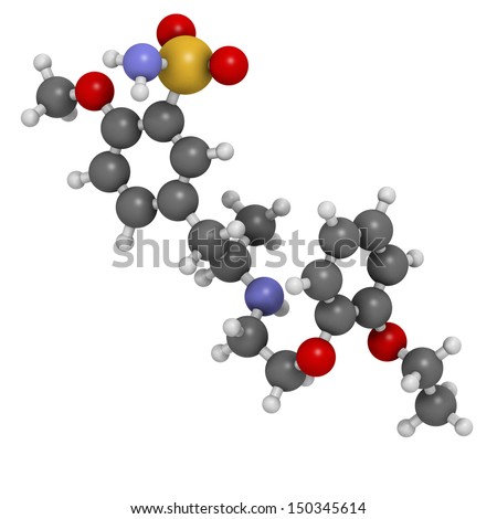 Tamsulosin benign prostatic hyperplasia (BPH) drug, chemical structure. Atoms are represented as spheres with conventional color coding: hydrogen (white), carbon (grey), oxygen (red), etc