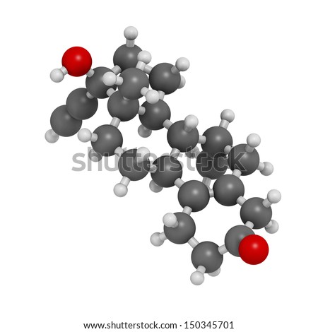 Tibolone endometriosis drug, chemical structure. Atoms are represented as spheres with conventional color coding: hydrogen (white), carbon (grey), oxygen (red)