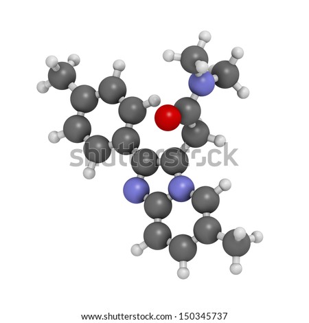 Zolpidem insomnia drug (sleeping pill), chemical structure. Atoms are represented as spheres with conventional color coding: hydrogen (white), carbon (grey), oxygen (red), nitrogen (blue)