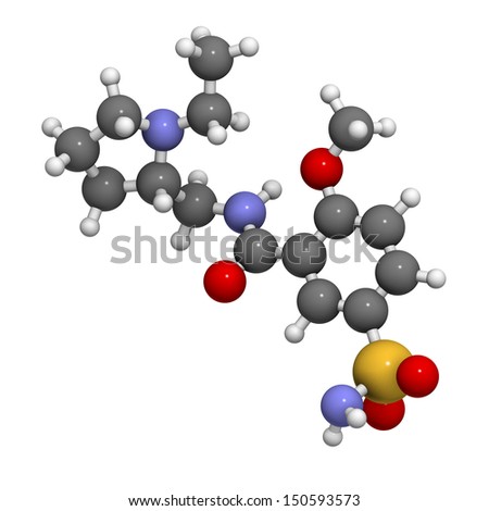 Sulpiride antipsychotic (neuroleptic) drug, chemical structure. Atoms are represented as spheres with conventional color coding: hydrogen (white), carbon (grey), nitrogen (blue), oxygen (red), etc