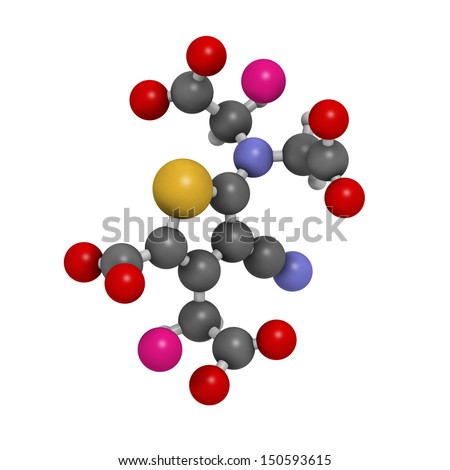 Strontium ranelate osteoporosis drug, chemical structure. Atoms are represented as spheres with conventional color coding: hydrogen (white), carbon (grey), oxygen (red), nitrogen (blue), etc