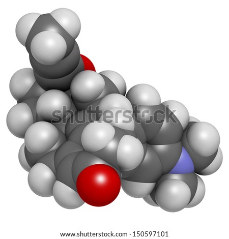 Mifepristone abortion inducing drug, chemical structure. Also used as emergency contraceptive agent. Atoms are represented as spheres with conventional color coding: hydrogen (white), etc