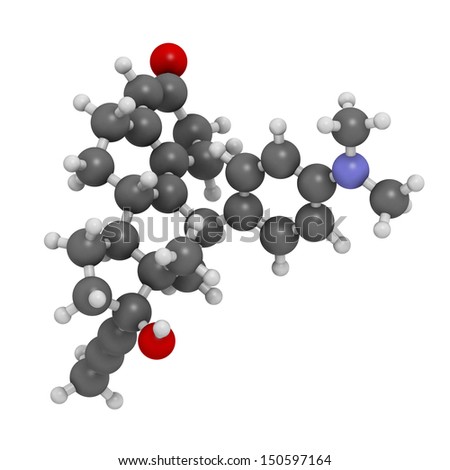 Mifepristone abortion inducing drug, chemical structure. Also used as emergency contraceptive agent. Atoms are represented as spheres with conventional color coding: hydrogen (white), etc