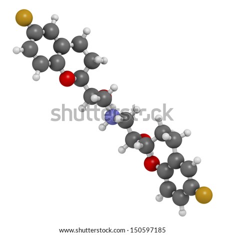 Nebivolol beta blocker drug, chemical structure. Used to treat high blood pressure (hypertension) Atoms are represented as spheres with conventional color coding: hydrogen (white), carbon (grey), etc