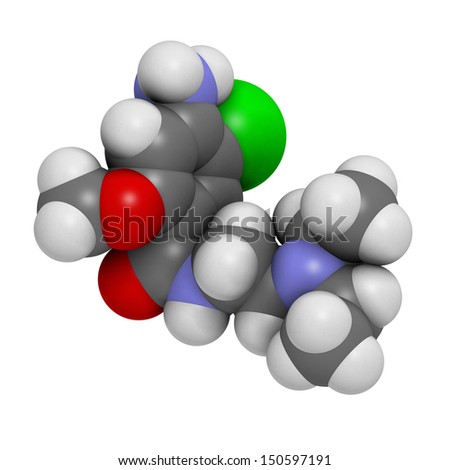 Metoclopramide nausea and vomiting treatment drug, chemical structure. Atoms are represented as spheres with conventional color coding: hydrogen (white), carbon (grey), oxygen (red), etc