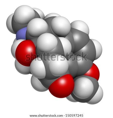 Oxycodone pain relief drug, chemical structure. Atoms are represented as spheres with conventional color coding: hydrogen (white), carbon (grey), oxygen (red), nitrogen (blue)