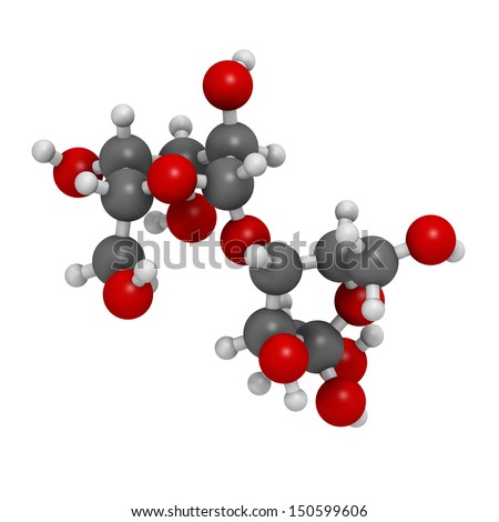 Lactulose chronic constipation drug (laxative), chemical structure. Atoms are represented as spheres with conventional color coding: hydrogen (white), carbon (grey), oxygen (red)