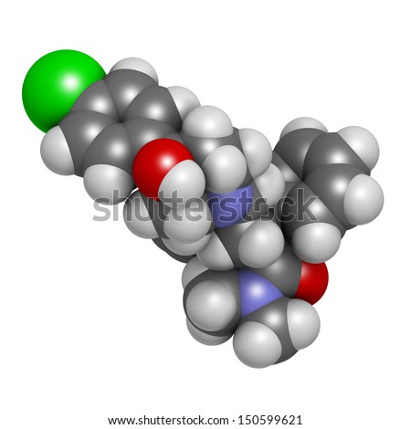 Loperamide diarrhea drug, chemical structure. Atoms are represented as spheres with conventional color coding: hydrogen (white), carbon (grey), oxygen (red), nitrogen (blue), chlorine (green)