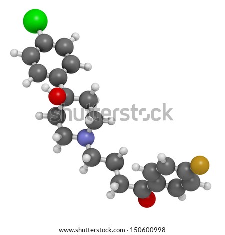 Haloperidol antipsychotic (neuroleptic) drug, chemical structure. Atoms are represented as spheres with conventional color coding: hydrogen (white), carbon (grey), nitrogen (blue), etc