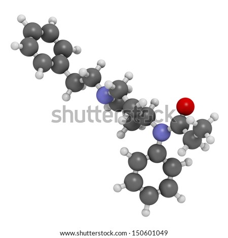 Fentanyl (fentanil) opioid analgesic drug, chemical structure. Atoms are represented as spheres with conventional color coding: hydrogen (white), carbon (grey), oxygen (red), nitrogen (blue)