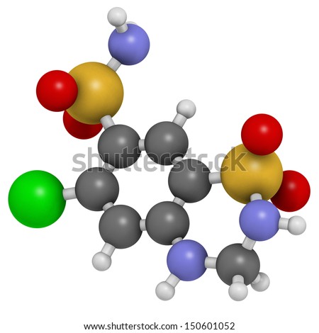 Hydrochlorothiazide diuretic drug, chemical structure. Atoms are represented as spheres with conventional color coding: hydrogen (white), carbon (grey), nitrogen (blue), oxygen (red), etc