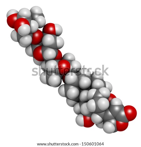 digoxin heart failure drug, chemical structure. Extracted from foxglove plant (digitalis lanata) Atoms are represented as spheres with conventional color coding: hydrogen (white), carbon (grey), etc