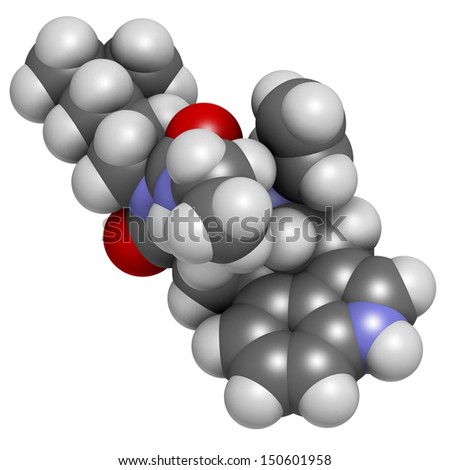 Cabergoline drug, chemical structure. Used in Parkinson\'s disease and other disease conditions. Atoms are represented as spheres with conventional color coding: hydrogen (white), etc
