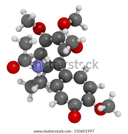 Colchicine gout drug, chemical structure. Atoms are represented as spheres with conventional color coding: hydrogen (white), carbon (grey), oxygen (red), nitrogen (blue)