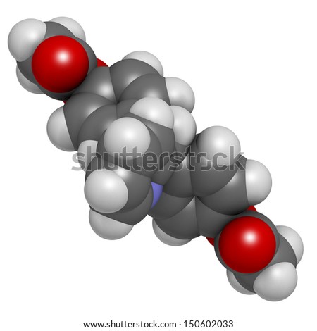 Bisacodyl laxative drug, chemical structure. Atoms are represented as spheres with conventional color coding: hydrogen (white), carbon (grey), oxygen (red), nitrogen (blue)