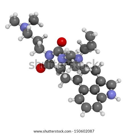 Cabergoline drug, chemical structure. Used in Parkinson\'s disease and other disease conditions. Atoms are represented as spheres with conventional color coding: hydrogen (white), carbon (grey), etc