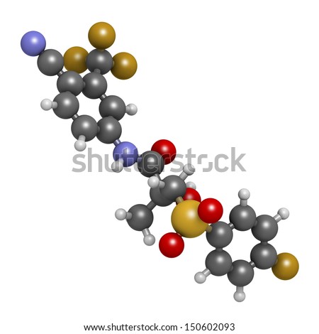 Bicalutamide prostate cancer drug (anti-androgen), chemical structure. Atoms are represented as spheres with conventional color coding: hydrogen (white), carbon (grey), oxygen (red), etc