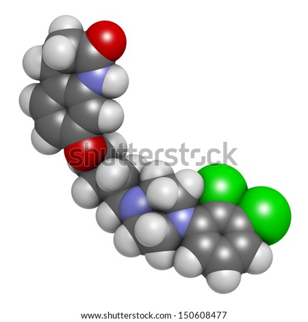 Aripiprazole antipsychotic drug, chemical structure. Atoms are represented as spheres with conventional color coding: hydrogen (white), carbon (grey), nitrogen (blue), oxygen (red), chlorine (green)