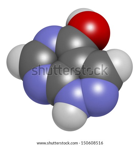 Allopurinol gout drug, chemical structure. Atoms are represented as spheres with conventional color coding: hydrogen (white), carbon (grey), oxygen (red), nitrogen (blue)