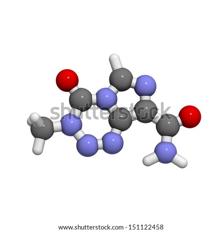 Temozolomide cancer chemotherapy drug, chemical structure. Atoms are represented as spheres with conventional color coding: hydrogen (white), carbon (grey), nitrogen (blue), oxygen (red).