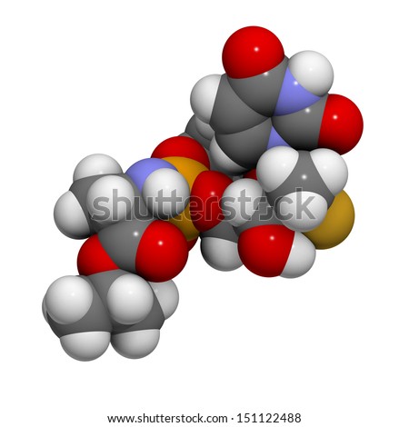 Sofosbuvir Hepatitis C virus (HCV) drug, chemical structure. Atoms are represented as spheres with conventional color coding: hydrogen (white), carbon (grey), nitrogen (blue), etc