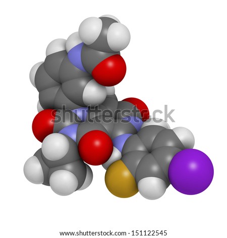 Trametinib melanoma cancer drug, chemical structure. Atoms are represented as spheres with conventional color coding: hydrogen (white), carbon (grey), nitrogen (blue), oxygen (red), etc