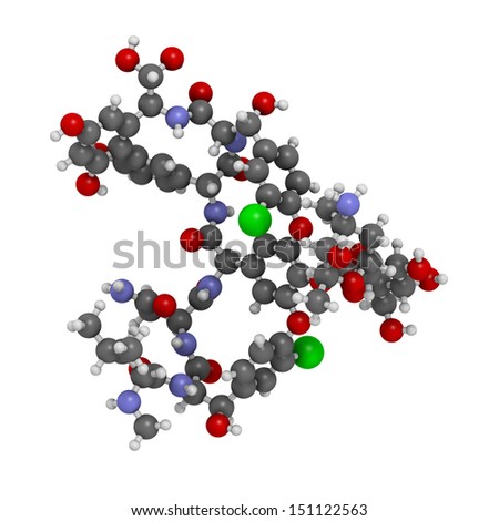 Vancomycin antibiotic drug (glycopeptide class), chemical structure. Atoms are represented as spheres with conventional color coding: hydrogen (white), carbon (grey), nitrogen (blue), etc