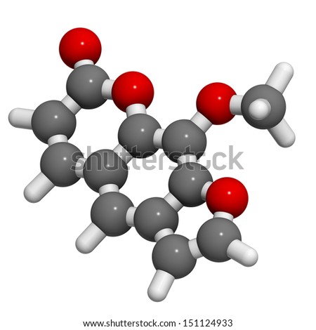 methoxsalen (psoralen) skin disease drug, chemical structure. Used in PUVA therapy in combination with UVA radiation. Atoms are represented as spheres with conventional color coding
