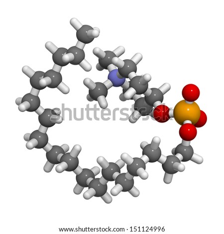 Perifosine investigational cancer drug, chemical structure. Atoms are represented as spheres with conventional color coding: hydrogen (white), carbon (grey), nitrogen (blue), oxygen (red), etc