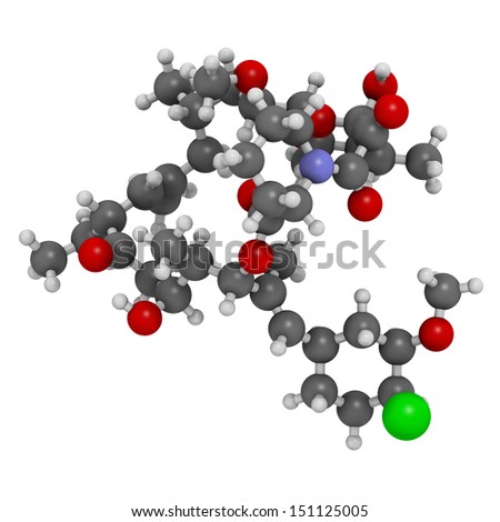 pimecrolimus eczema (atopic dermatitis) drug, chemical structure. Atoms are represented as spheres with conventional color coding: hydrogen (white), carbon (grey), nitrogen (blue), oxygen (red), etc