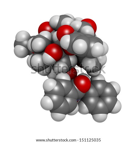 Paclitaxel cancer chemotherapy drug, chemical structure. Atoms are represented as spheres with conventional color coding: hydrogen (white), carbon (grey), nitrogen (blue), oxygen (red).