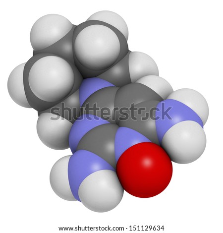 Minoxidil male pattern baldness (androgenic alopecia) drug, chemical structure. Atoms are represented as spheres with conventional color coding: hydrogen (white), carbon (grey), nitrogen (blue), etc