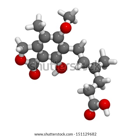 Mycophenolate (mycophenolic acid) immunosuppressive drug, chemical structure. Used to prevent transplant rejection and in treatment of autoimmune disease. Atoms are represented as spheres.