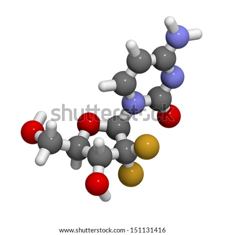 Gemcitabine cancer chemotherapy drug, chemical structure. Atoms are represented as spheres with conventional color coding: hydrogen (white), carbon (grey), nitrogen (blue), oxygen (red), etc