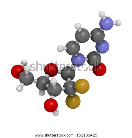 Gemcitabine cancer chemotherapy drug, chemical structure. Atoms are represented as spheres with conventional color coding: hydrogen (white), carbon (grey), nitrogen (blue), oxygen (red), etc