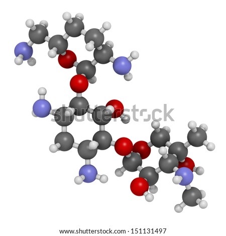 Gentamicin antibiotic drug (aminoglycoside class), chemical structure. Atoms are represented as spheres with conventional color coding: hydrogen (white), carbon (grey), nitrogen (blue), oxygen (red).