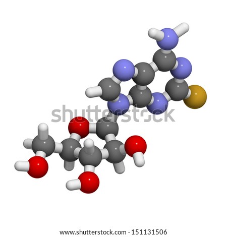 Fludarabine blood cancer drug, chemical structure. Atoms are represented as spheres with conventional color coding: hydrogen (white), carbon (grey), nitrogen (blue), oxygen (red), etc