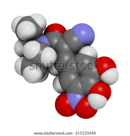 Entacapone Parkinson's disease drug, chemical structure. Atoms are represented as spheres with conventional color coding: hydrogen (white), carbon (grey), nitrogen (blue), oxygen (red).