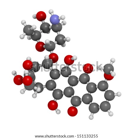Doxorubicin cancer chemotherapy drug, chemical structure. Atoms are represented as spheres with conventional color coding: hydrogen (white), carbon (grey), nitrogen (blue), oxygen (red).