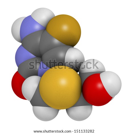 Emtricitabine HIV treatment drug, chemical structure. Atoms are represented as spheres with conventional color coding: hydrogen (white), carbon (grey), nitrogen (blue), oxygen (red), etc
