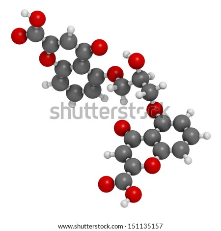 Cromoglicic acid (cromolyn, cromoglycate) asthma and allergy drug, chemical structure. Atoms are represented as spheres with conventional color coding: hydrogen (white), carbon (grey), oxygen (red).